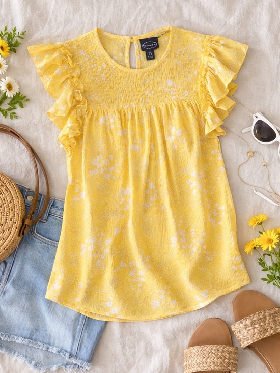 Scoop Tops - SCOOP Yellow Floral Smocked Blouse Ruffle Sleeves Lightweight Summer Top Size XS